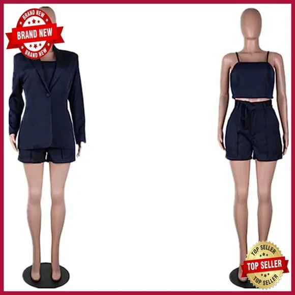 Women's 3-Piece Blazer Set with Crop Top and Shorts Slim Fit Business Suit - Picture 4 of 7